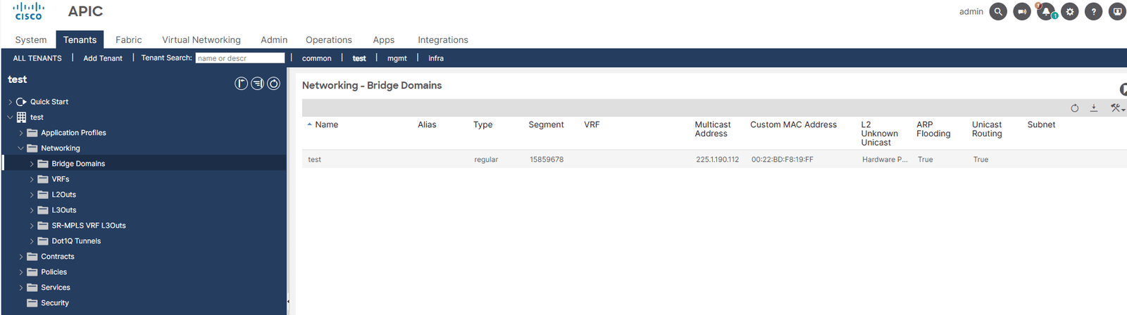 The real Cisco APIC interface with Bridge Domains selected in the tenant tree and the bridge domain named test listed in the centre panel
