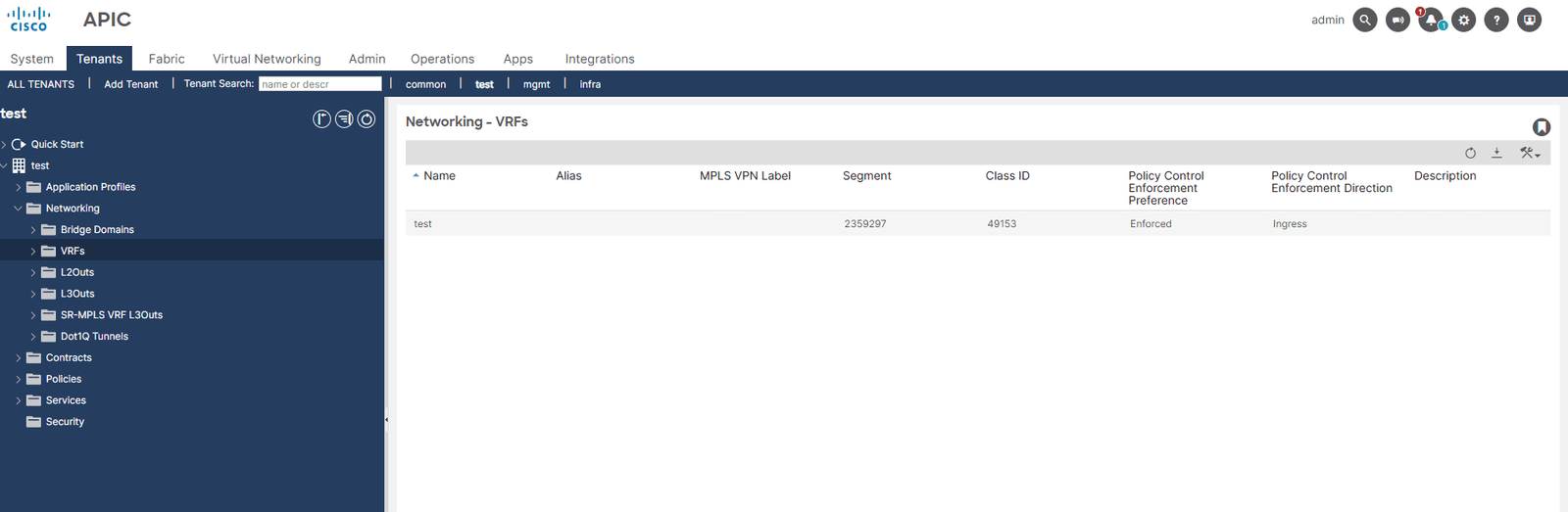 The real Cisco APIC interface with VRFs selected in the tenant tree and the VRF named test listed in the centre panel